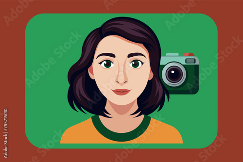 Illustration of a person with shoulder-length hair in a green top with a camera icon in the top right corner against a green background.