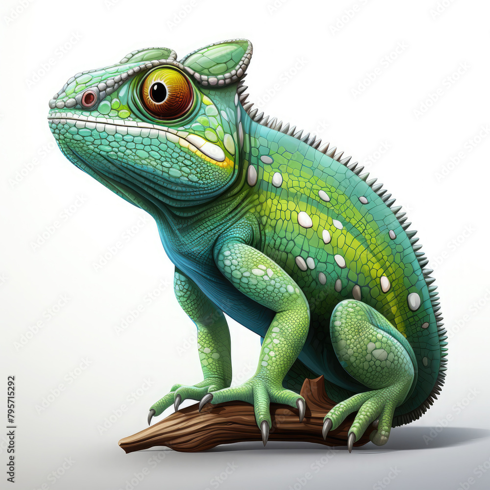 Obraz premium Watercolor Green colored chameleon close up, clipart Illustration, Generative Ai