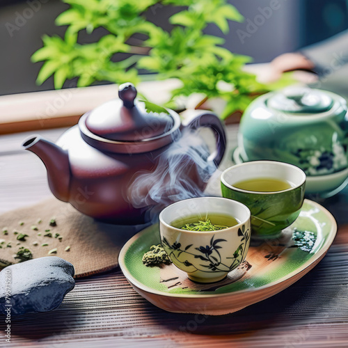 Herbal tea background. Tea cups with various dried tea leaves and flowers were shot from above on a rustic wooden table. Assortment of dry tea in ceramic bowls with copy space