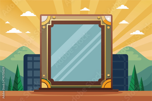 A large decorative mirror with a golden frame placed outdoors, surrounded by green trees and mountains in the background with a sunny sky and clouds above.