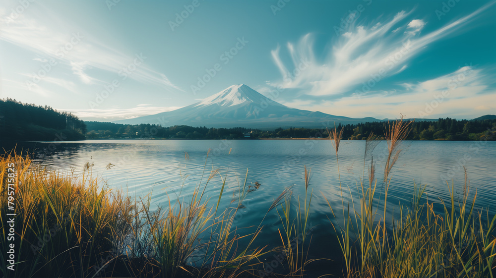 富士山と湖 夏の風景 Stock Illustration | Adobe Stock