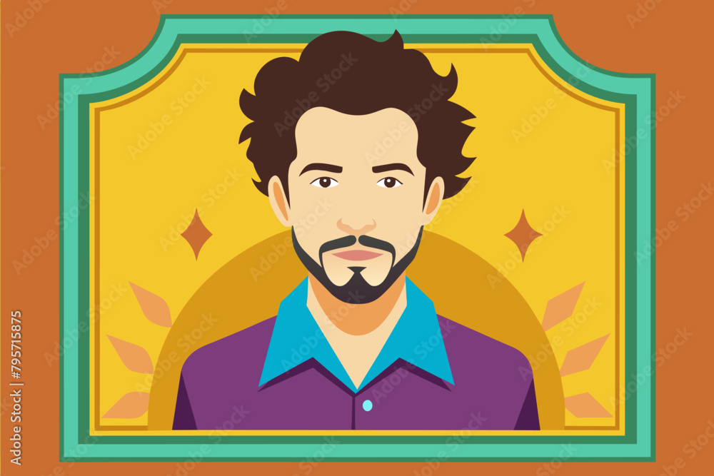 Illustration of a person with curly hair wearing a purple shirt with a blue collar, framed by an ornate border with sunburst and diamond accents. Illustration of a person with curly hair wearing a purple shirt with a blue collar, framed by an ornate border with sunburst and diamond accents.