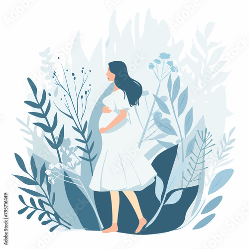 A pregnant woman is walking through a forest