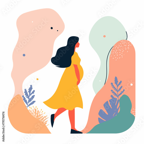 A pregnant woman is walking in a forest bump