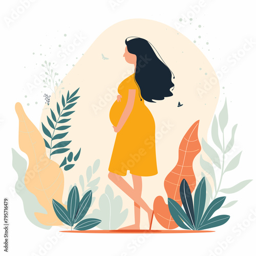 A pregnant woman is walking through a forest. The image has a peaceful and calming mood, as the woman is surrounded by nature and the lush greenery