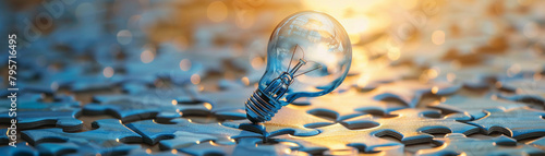 Blue lightbulb hovering above a puzzle, casting light on innovative ideas and creative solutions