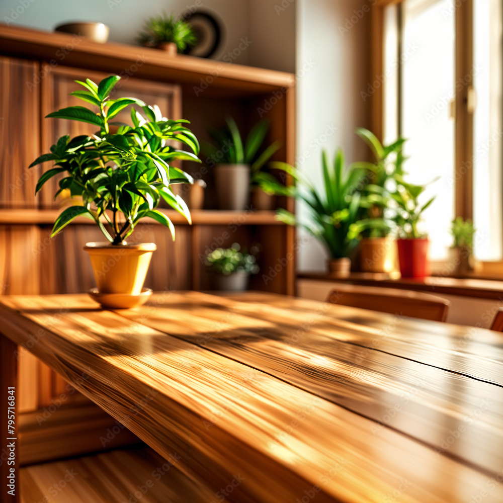 A wooden dining table with a potted plant on it, set against the backdrop of a room filled with various plants and shelves. A wooden dining table with a potted plant on it, set against the backdrop of a room filled with various plants and shelves.