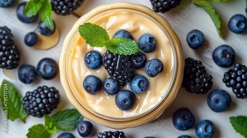  A bowl of yogurt topped with blueberries and blackberries on a pristine white surface, accompanied by mint leaves