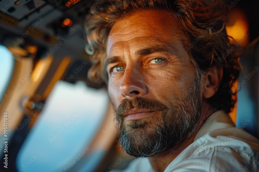 Close-up portrait of a contemplative male pilot in cockpit with warm sunset lighting