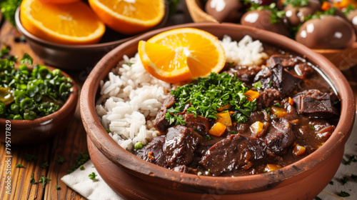 brazilian feijoada food with rice orange and meats