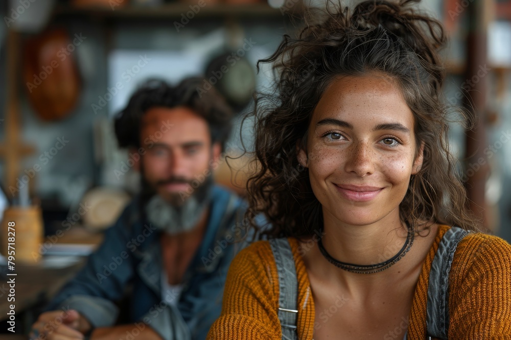 A casually-dressed couple engaged in conversation at a rustic cafe, with warm smiles A casually-dressed couple engaged in conversation at a rustic cafe, with warm smiles