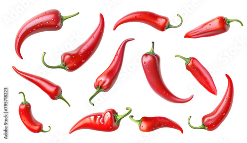 Set of red chili peppers isolated on a white background.
