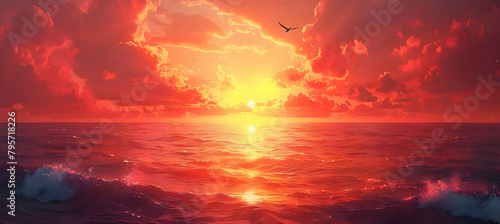 An illustration of a lone bird flying over the ocean at sunrise © MistoGraphy