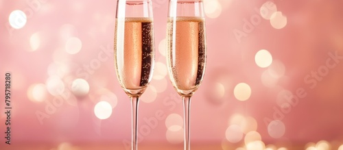 Sparkling wine glasses on colored pink background.