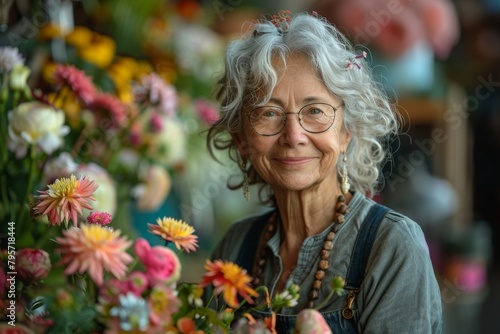 A content senior lady with glasses engages happily with colorful flowers in an indoor florist environment © Larisa AI
