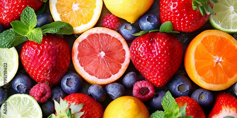 A Variety of Summer Fruits Scattered on a Light Wooden Table A Variety of Summer Fruits Scattered on a Light Wooden Table