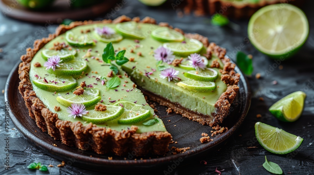 A tight shot of a pie sliced on a plate, surrounded by limes A tight shot of a pie sliced on a plate, surrounded by limes