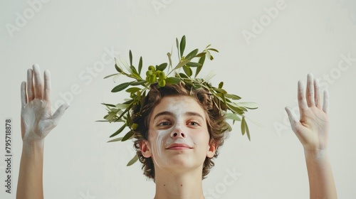 Jovem atleta dos jogos olímpicos da antiguidade clássica com uma coroa de folhas de oliveira  photo