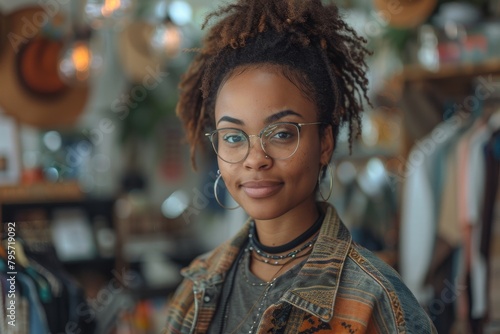 A stylish young woman with glasses poses confidently at an eclectic vintage clothing shop