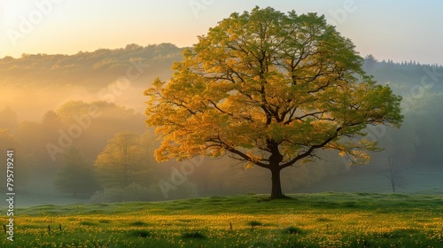 A tree stands in the midst of a grassy field, a mountain looms in the background; the backdrop is foggy and mist-filled