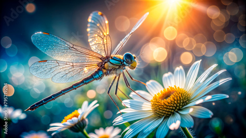 A dragonfly sits on a daisy photo