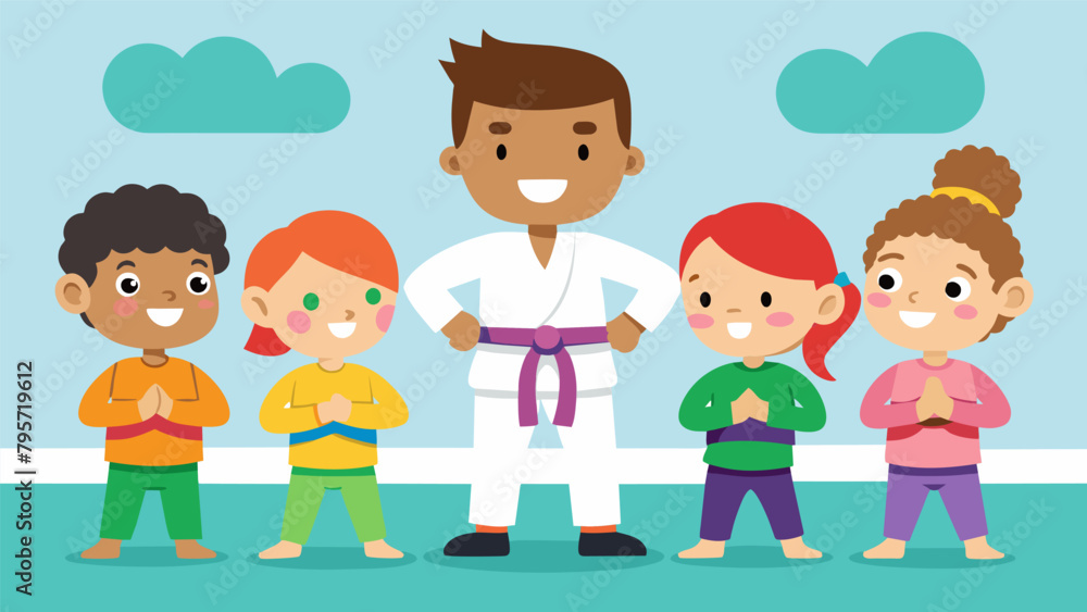 A class of young children wearing bright colored belts listening intently and following their instructors instructions on how to develop solid