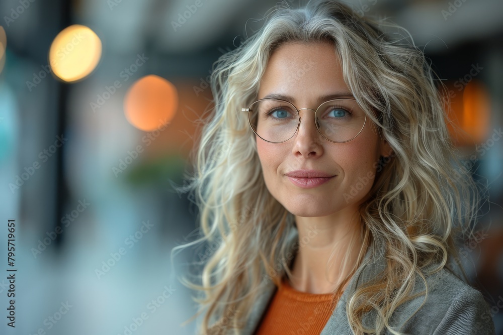 A professional woman with blonde curls and glasses looking away thoughtfully A professional woman with blonde curls and glasses looking away thoughtfully