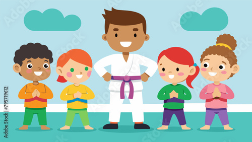 A class of young children wearing bright colored belts listening intently and following their instructors instructions on how to develop solid