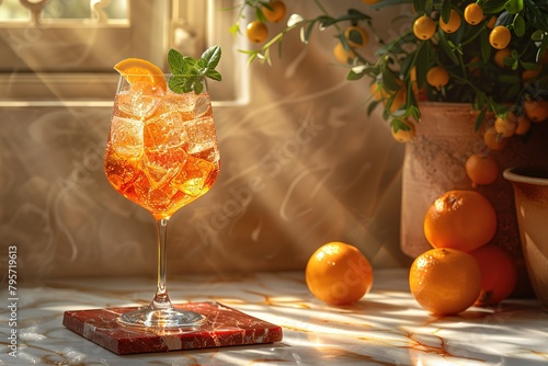 An image of an Aperol spritz cocktail in a glass, sitting on top of a small square red marble coaster with a white background and dark shadow photo