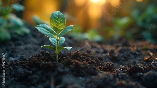 A seedling emerges in tranquil soil amidst a serene natural setting. Concept Nature, Growth, Tranquility, Seedling, Serenity