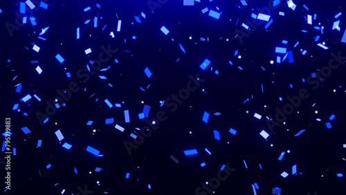 Bright blue confetti falling down on blue gradient background. Confetti rain. Glowing particles falling with soft light. Celebration, greeting, invitation, holiday and event background. 
