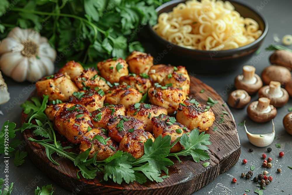 A plate of chicken with parsley and mushrooms on a wooden cutting board