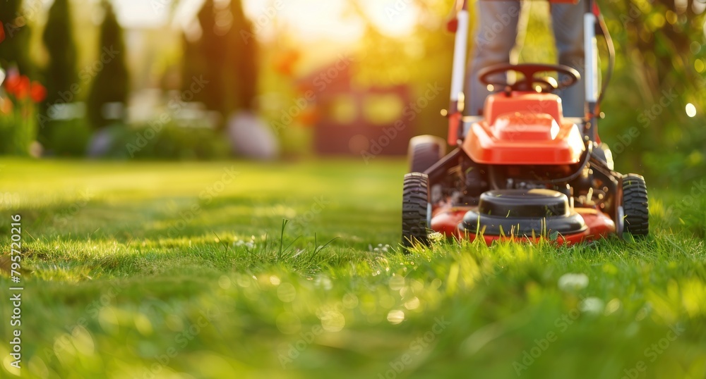 Fototapeta premium Lawn mower on green grass in a modern garden. Machine for cutting lawns.
