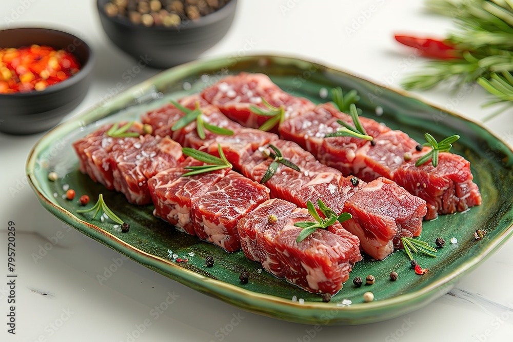 A plate of meat with herbs and spices on top A plate of meat with herbs and spices on top