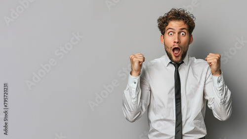 White people businessman in white shirt raised fist with surprise face photo
