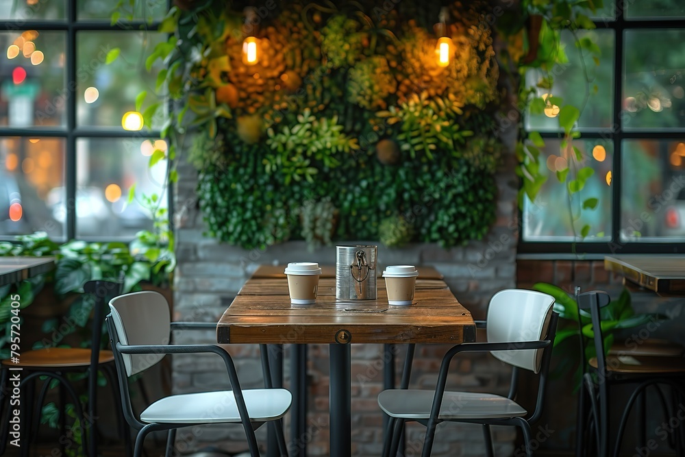 A restaurant with white tables and chairs, green plant decorations on the wall, and a table in front of it that has two coffee cups on top.
