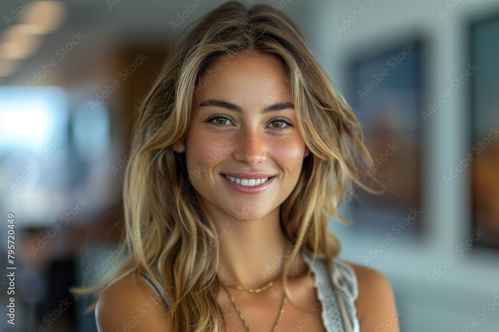 Confident young woman with a bright smile, casually dressed with sunlight bathing her face