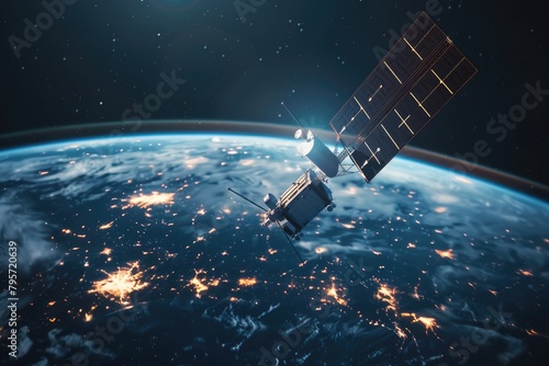 satellite orbiting earth.  Satellite in space orbit  ground communication technologies  information communications 