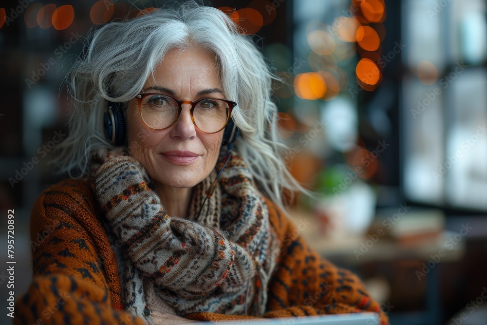 A sophisticated senior woman with a contemplative expression wearing a warm knitted sweater A sophisticated senior woman with a contemplative expression wearing a warm knitted sweater