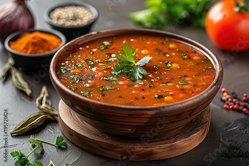 A top view of an Indian dish called V contourambu Sora Kada, which is made with tomato sauce and vegetables in it. photo