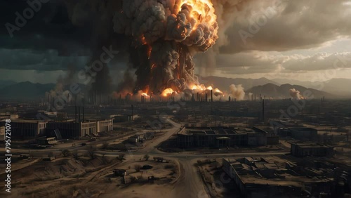 Cataclysmic explosion over a deserted urban landscape. Generative AI Video. photo