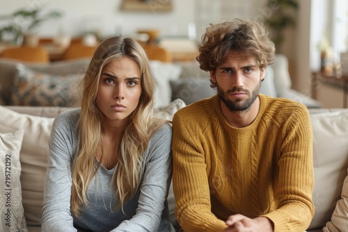 A young couple sitting on a sofa with troubled expressions, suggesting relationship issues or concern