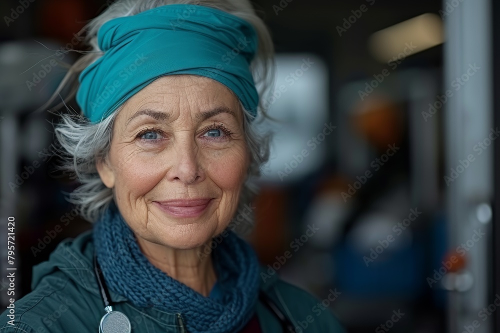 Graceful elderly woman with blue headscarf giving a soft smile, exuding wisdom and serenity in an outdoor setting Graceful elderly woman with blue headscarf giving a soft smile, exuding wisdom and serenity in an outdoor setting