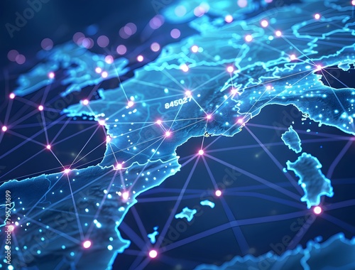 Abstract global network concept with glowing connections on a map of Spain at night, representing a digital world and the idea of connectivity as a background Elements resembling stock photo 