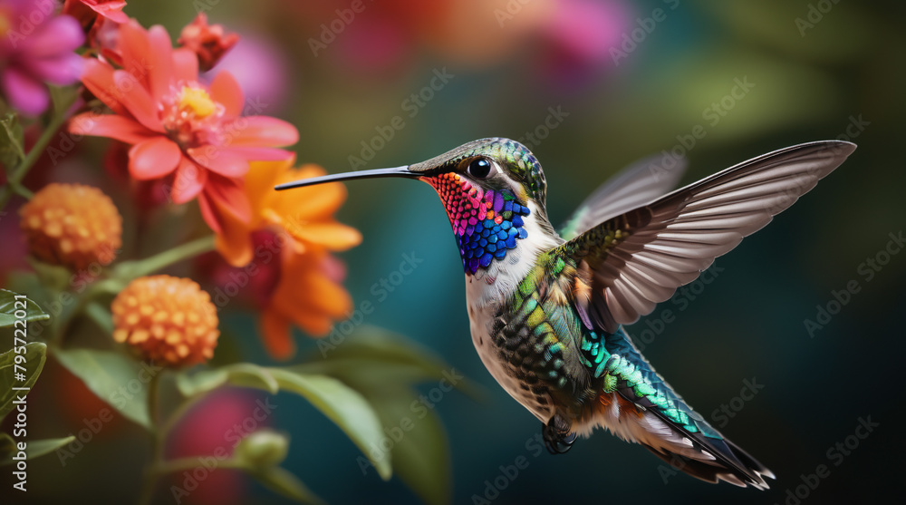 Obraz premium Hummingbird in nature with flowers - Generative AI