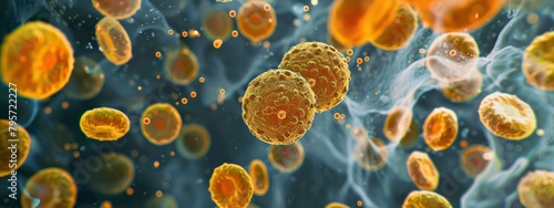 A detailed medium shot of antibiotic-resistant bacteria, Staphylococcus aureus, on a synthetic surface, illustrating the golden color and cluster formation photo
