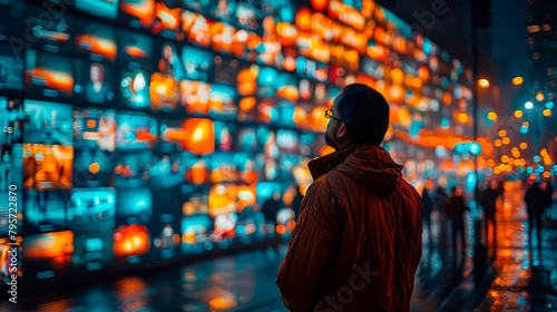 Man Standing in Front of Wall of Television Screens. Generative AI