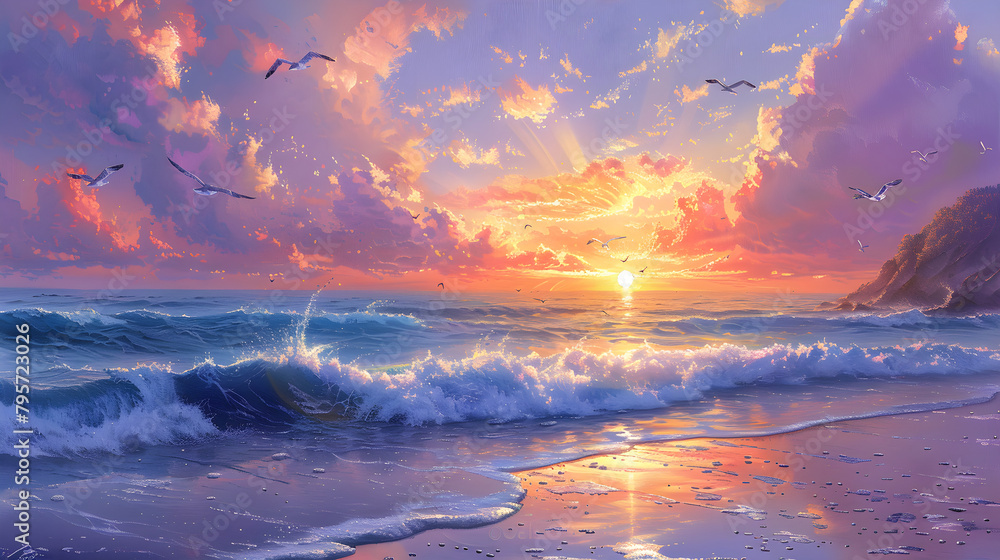 The painting captures a serene beach scene at sunset, showcasing the beauty of the coastal landscape with waves, seagulls, and a sense of tranquility.