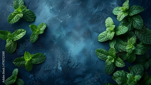 Templates for Social Media Posts Featuring Fresh Mint Leaves on a Blue Background. Concept Social Media  Templates  Mint Leaves  Blue Background