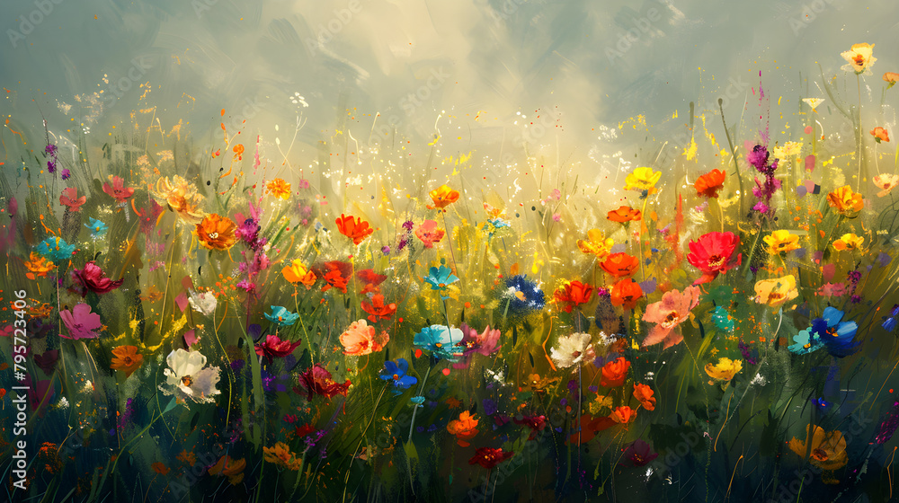 Digital oil painting of a lush blooming summer meadow with colorful wildflowers, perfect for wallpaper, art print, or background design.